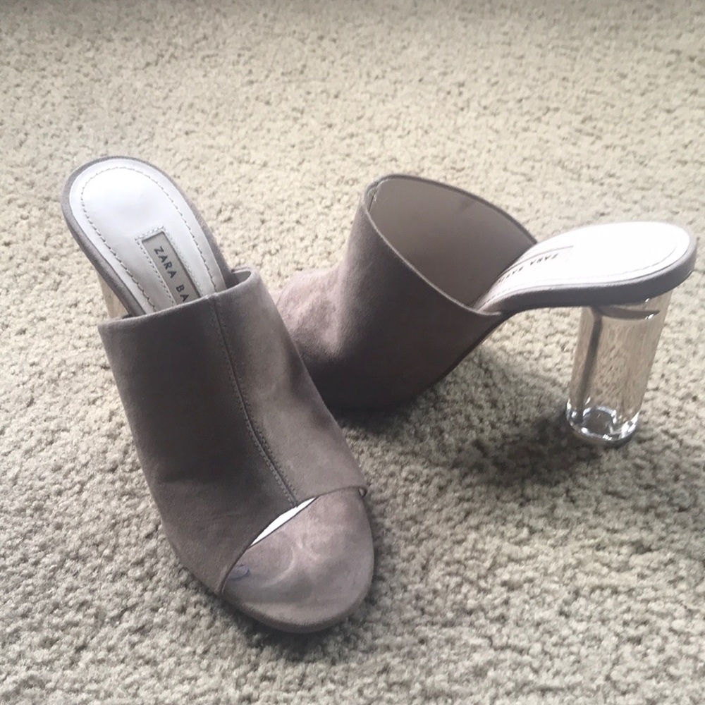 Camel mules with clear heel